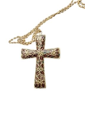 Gold-Tone Floral metal Cross Pendant Necklace - Brown/Gold